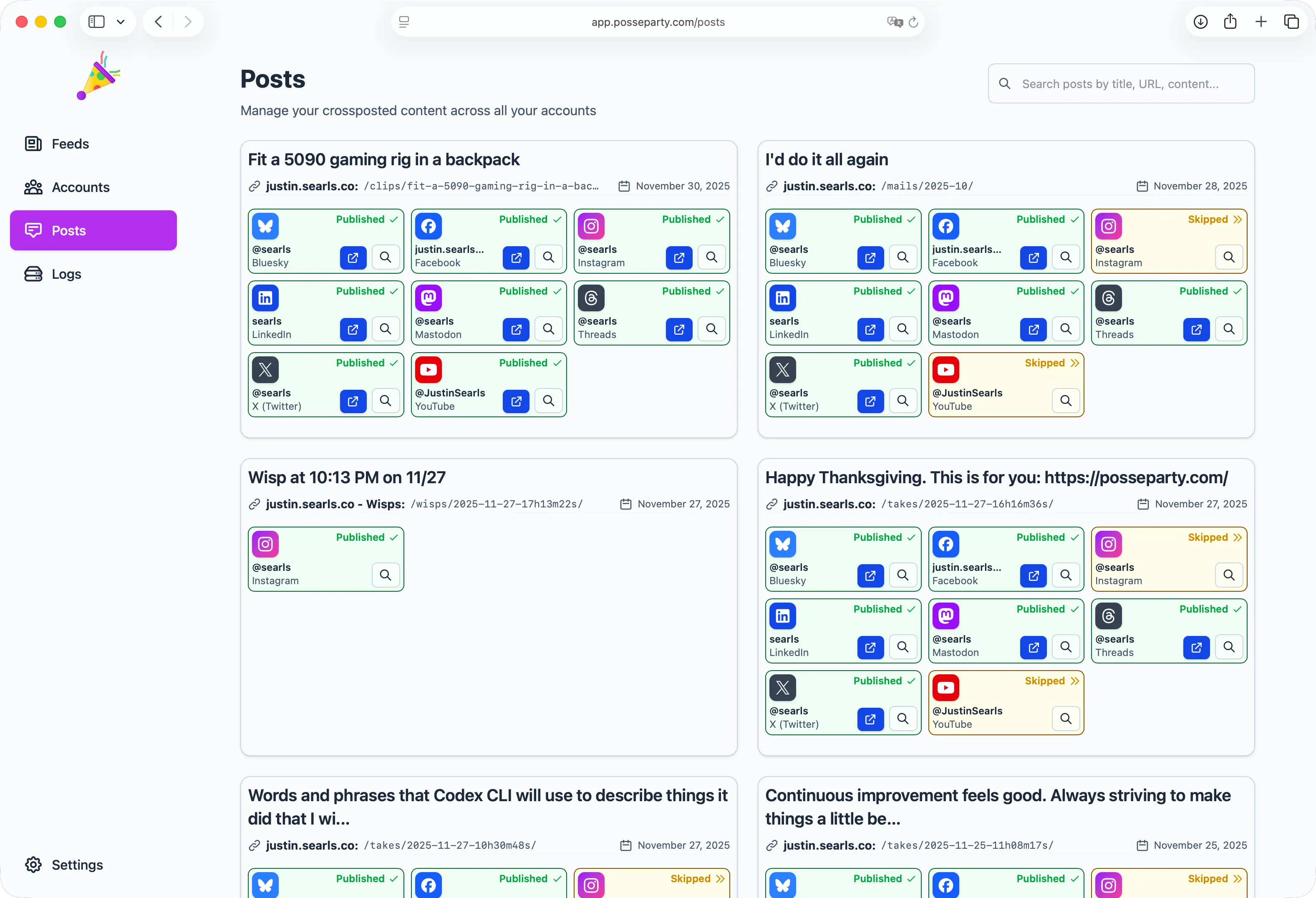 Screenshot of POSSE Party posts view